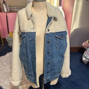 American Eagle Outfitters Blue Denim Jacket with Cream Sherpa